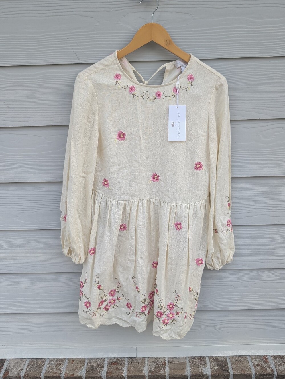 Caroline Constas Dress NWT Size L Cream Embroidery Midi Long Sleeves Boho